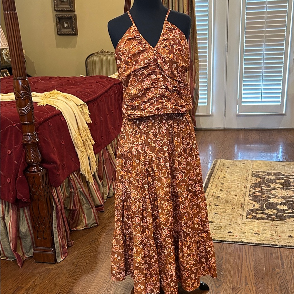 J. Crew Brown and Multicolor Smocked Top and skirt size 10 outfit